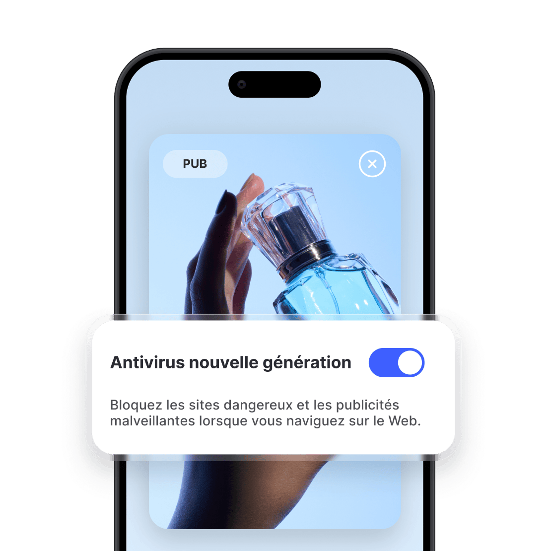 L’écran d’un smartphone affichant une publicité pour un parfum, avec la fonctionnalité de blocage des publicités de NordVPN activée.
