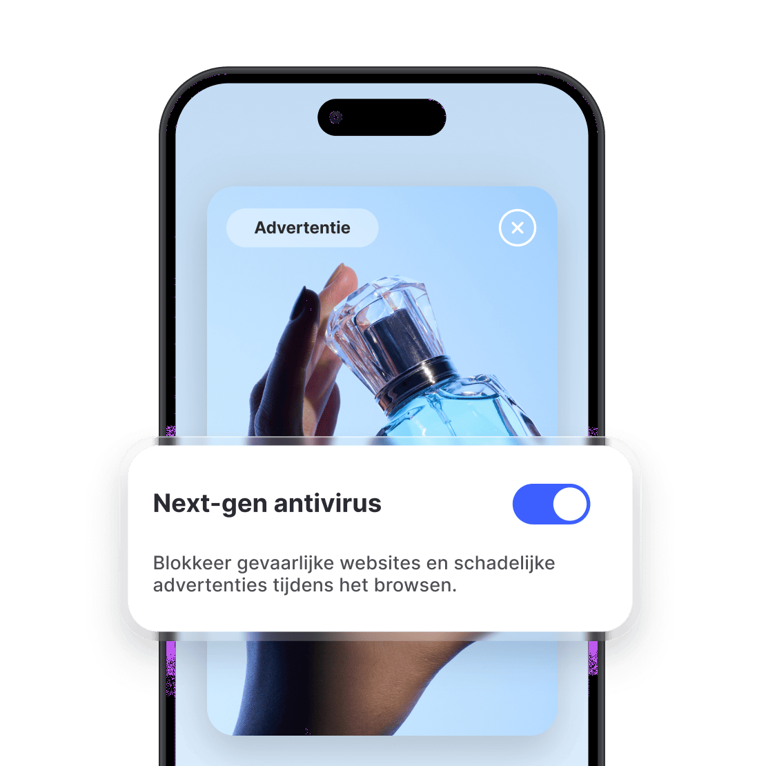 Een smartphonescherm met een parfumadvertentie en de adblocker van NordVPN ingeschakeld.