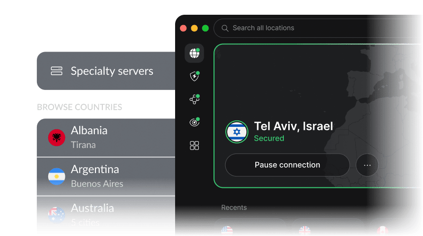 תוכנת VPN המציגה חיבור VPN פעיל לארצות הברית ורשימה של שרתים גלובליים חלופיים.