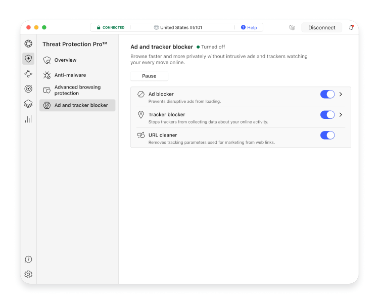 Threat Protection Pro&#39;s ad and tracker blocker layout for macOS