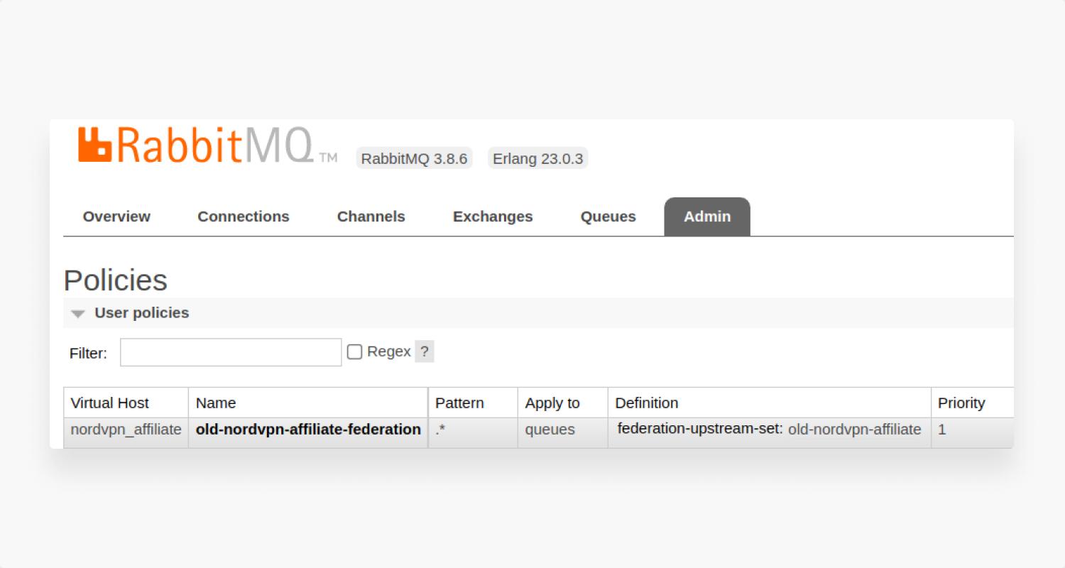RabbitMQ policies panel