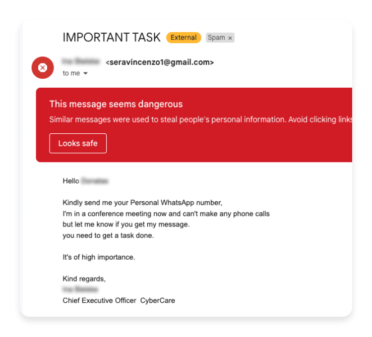 Fake CyberCare CEO phishing email example
