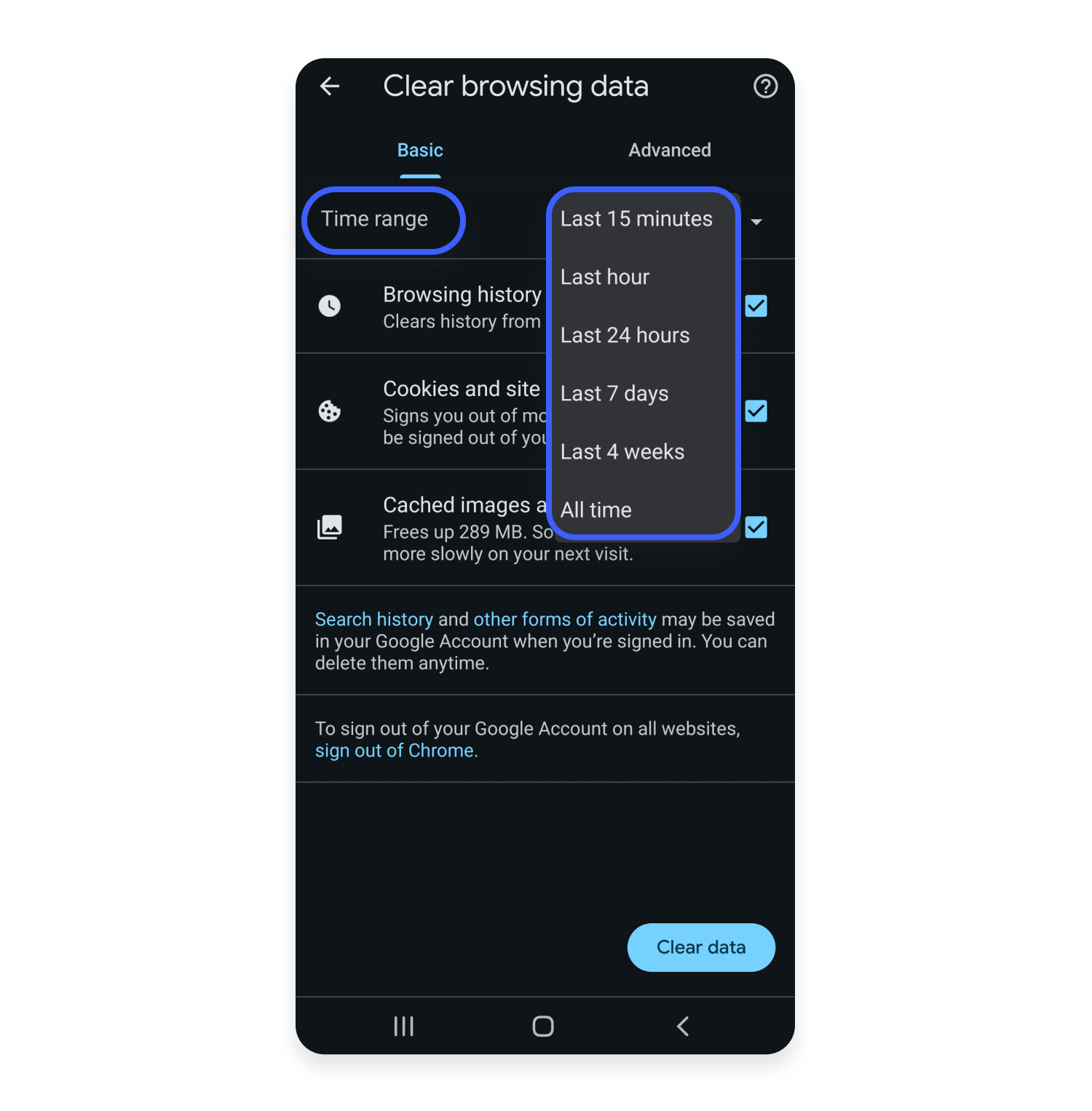 time range for clearing cached data in Chrome on Android