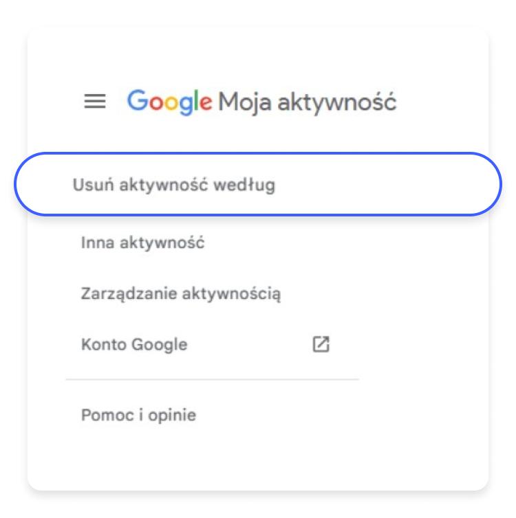 menu usuwania aktywności google