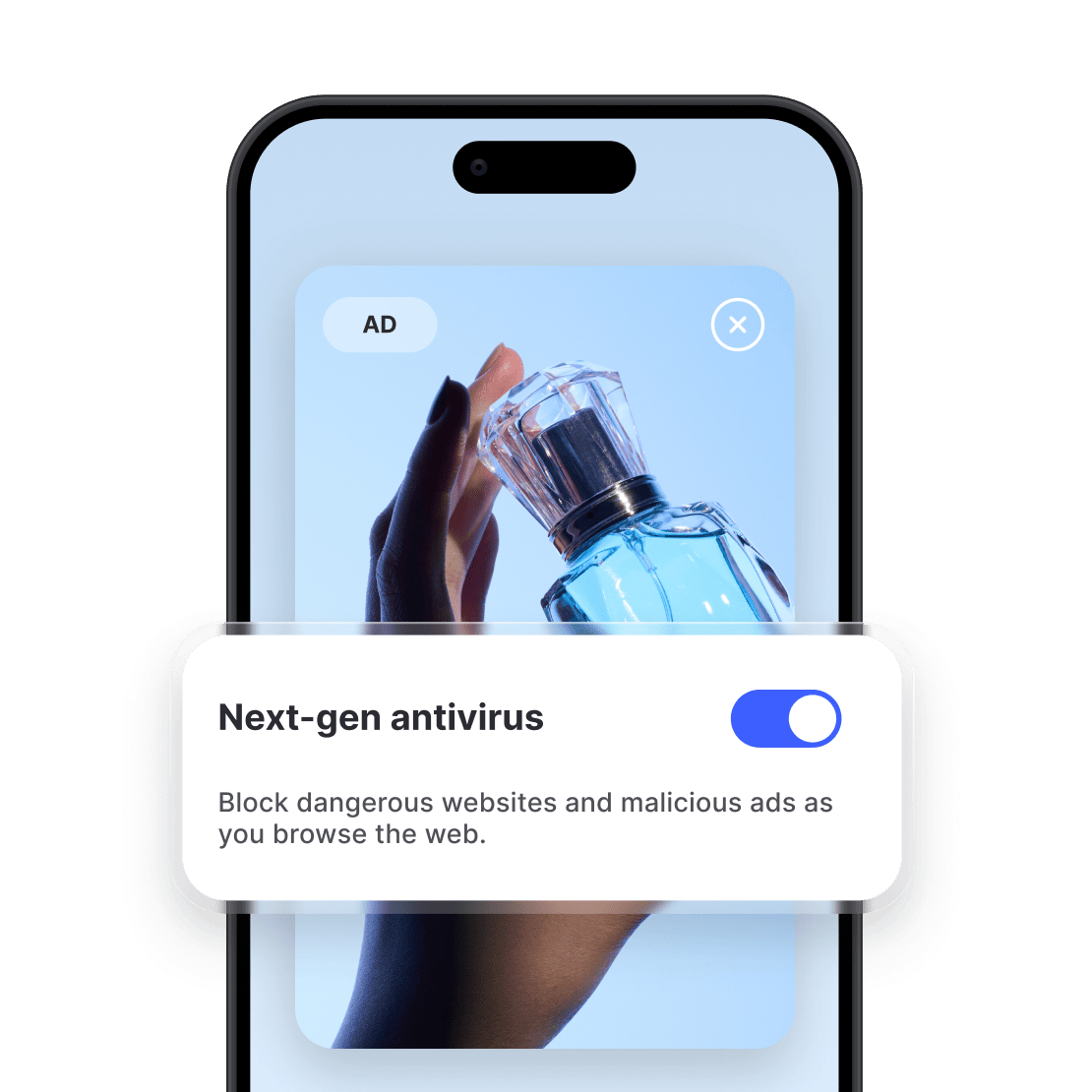 A smartphone screen displaying a perfume ad with the Threat Protection feature turned on, activating the NordVPN ad blocker.
