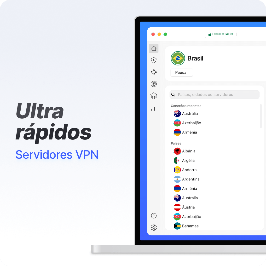 A interface do app da NordVPN em um notebook mostrando uma conexão VPN super rápida.
