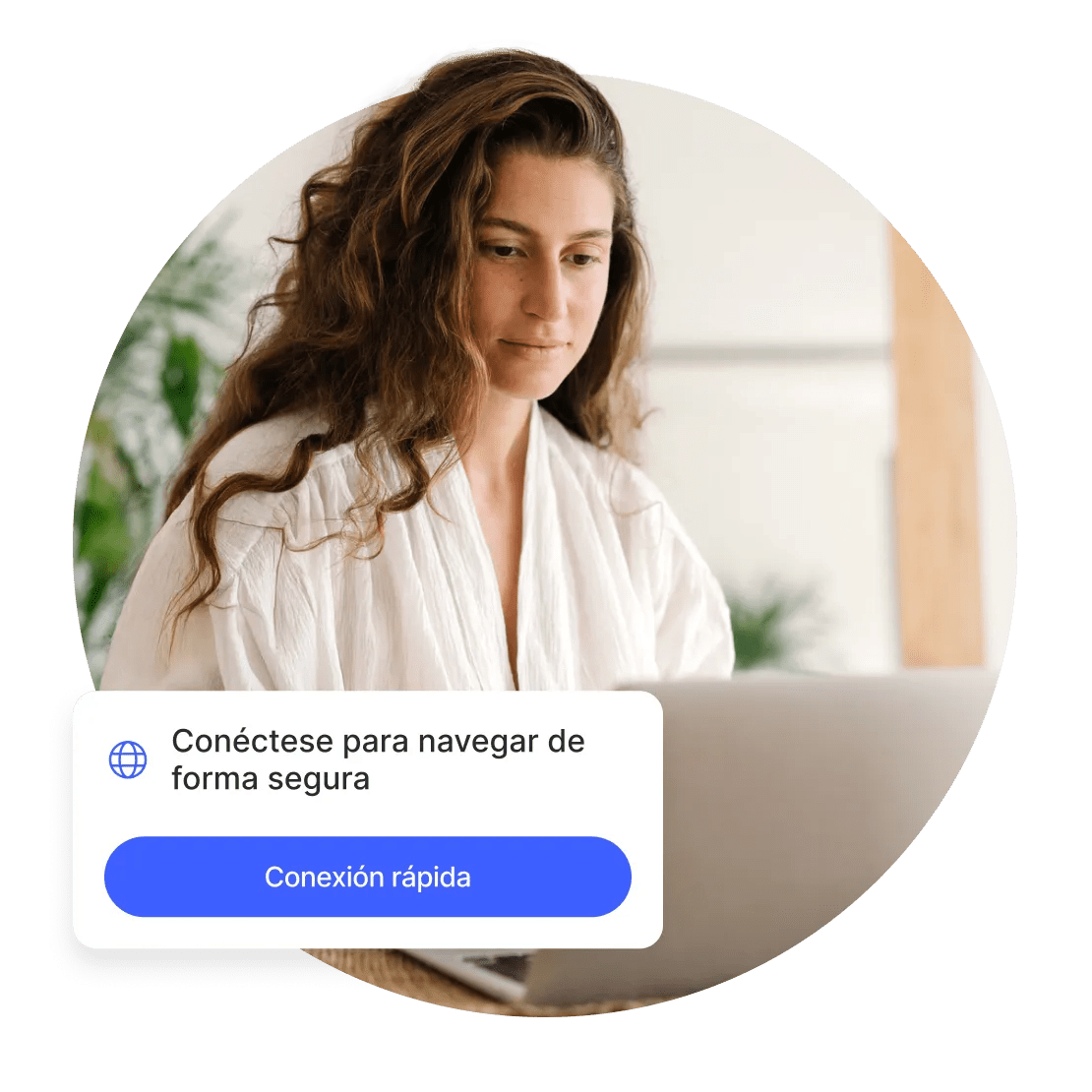Una mujer activa la función “conexión rápida” de la extensión de navegador NordVPN para navegar de forma más segura en su laptop.