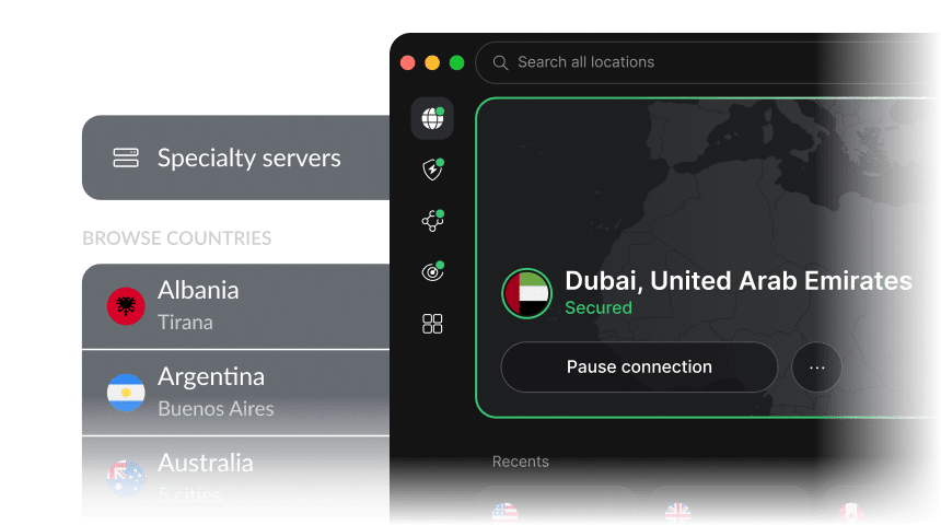 عميل VPN يعرض اتصال VPN نشط بالولايات المتحدة وقائمة بالخوادم العالمية البديلة.