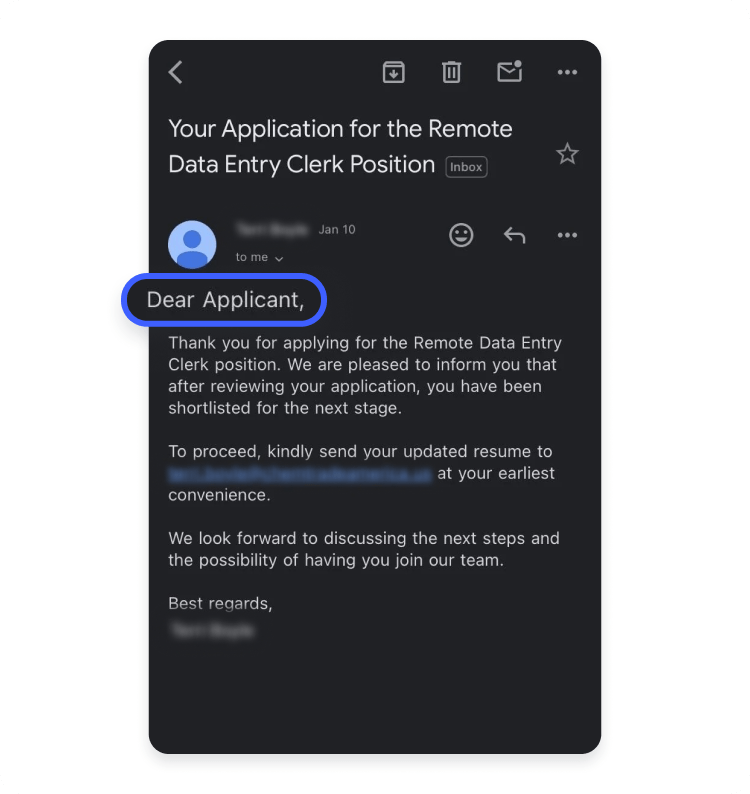 Fake job offer phishing email example