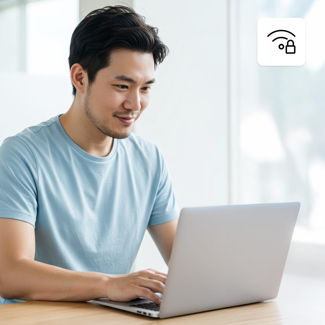 Un homme utilise NordLayer pour accéder en toute sécurité aux ressources sensibles de l&#39;entreprise en utilisant un réseau Wi-Fi public.