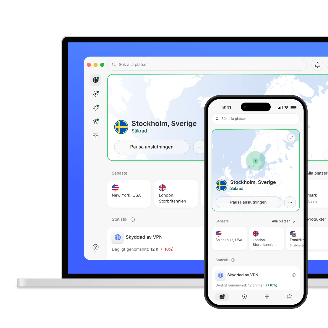 En bärbar dator och en smartphone, säkrade av NordVPN.