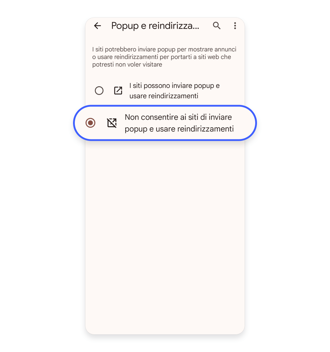 Non consentire pop-up e reindirizzamenti