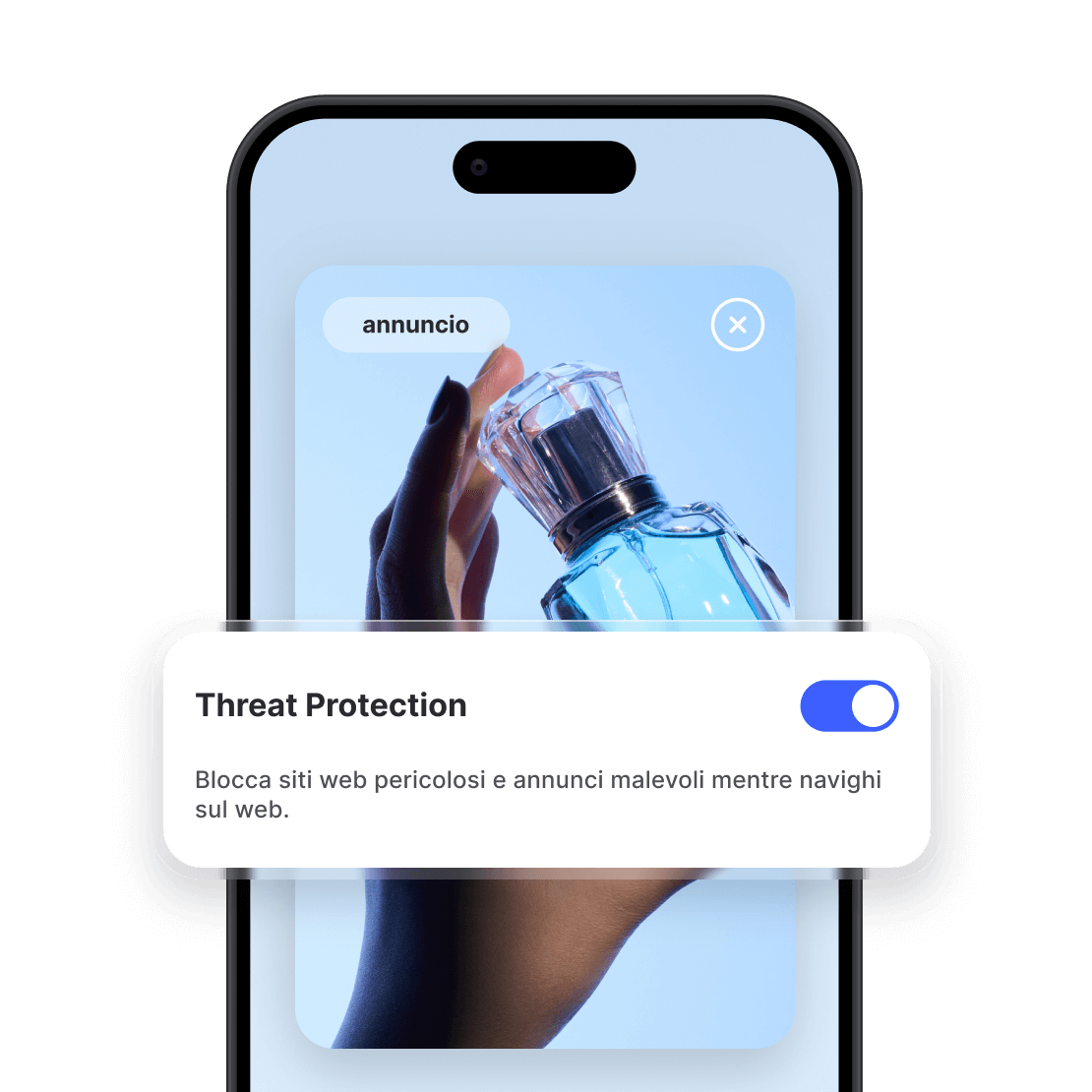 La schermata di uno smartphone che mostra un annuncio pubblicitario di un profumo con la funzionalità Threat Protection, che include il blocco delle pubblicità di NordVPN, attivata.