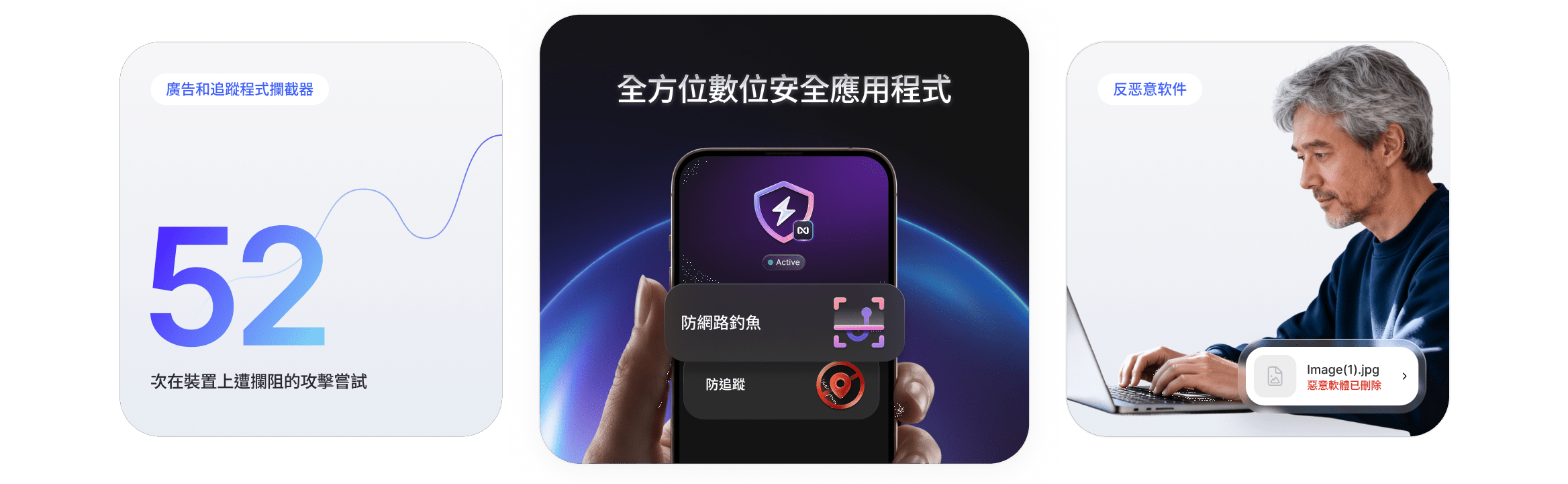 視覺元素展示了 NordVPN 新一代防毒工具的防詐騙、防追蹤和防惡意軟體功能。
