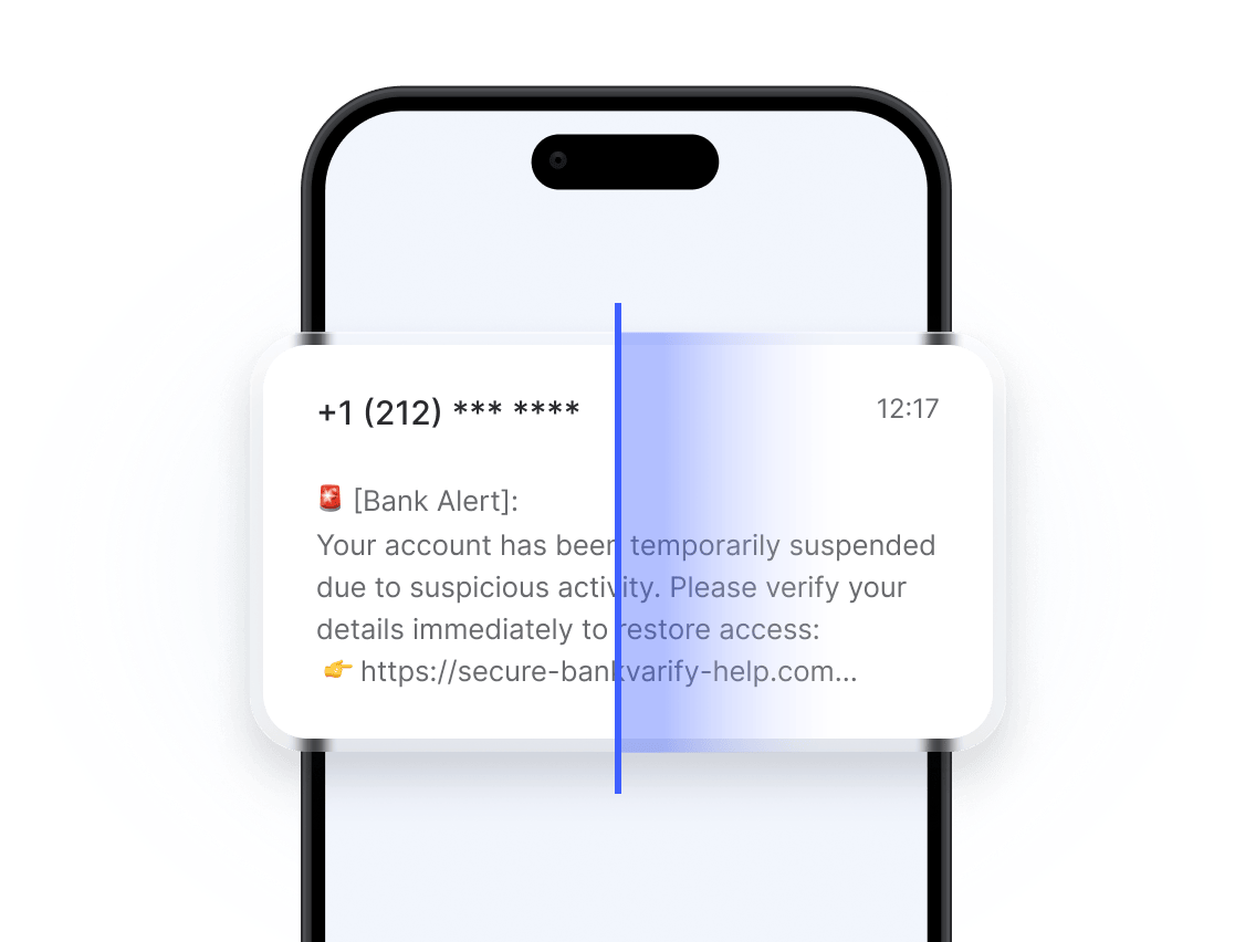 A scam checker detecting a phishing link in a text message.
