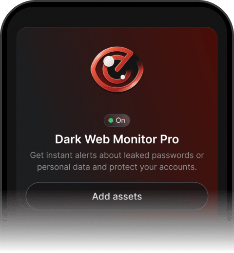 Dark Web Monitor Pro interface showing that the feature is active and set up to send alerts about leaked personal data.