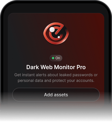 Dark Web Monitor Pro interface showing that the feature is active and set up to send alerts about leaked personal data.
