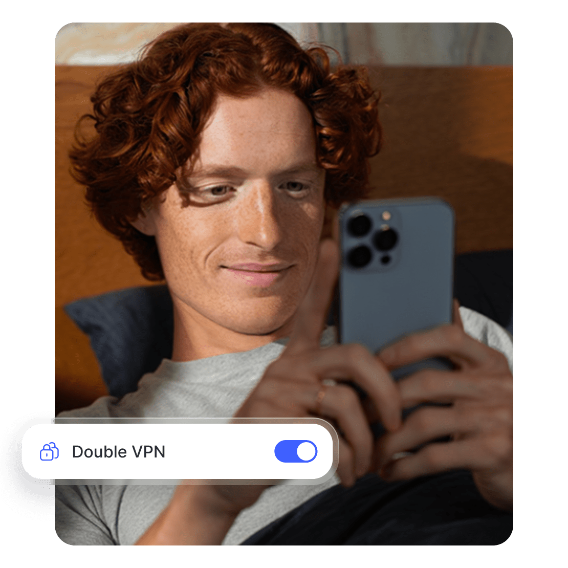A man using a smartphone with NordVPN’s Double VPN feature toggled on.