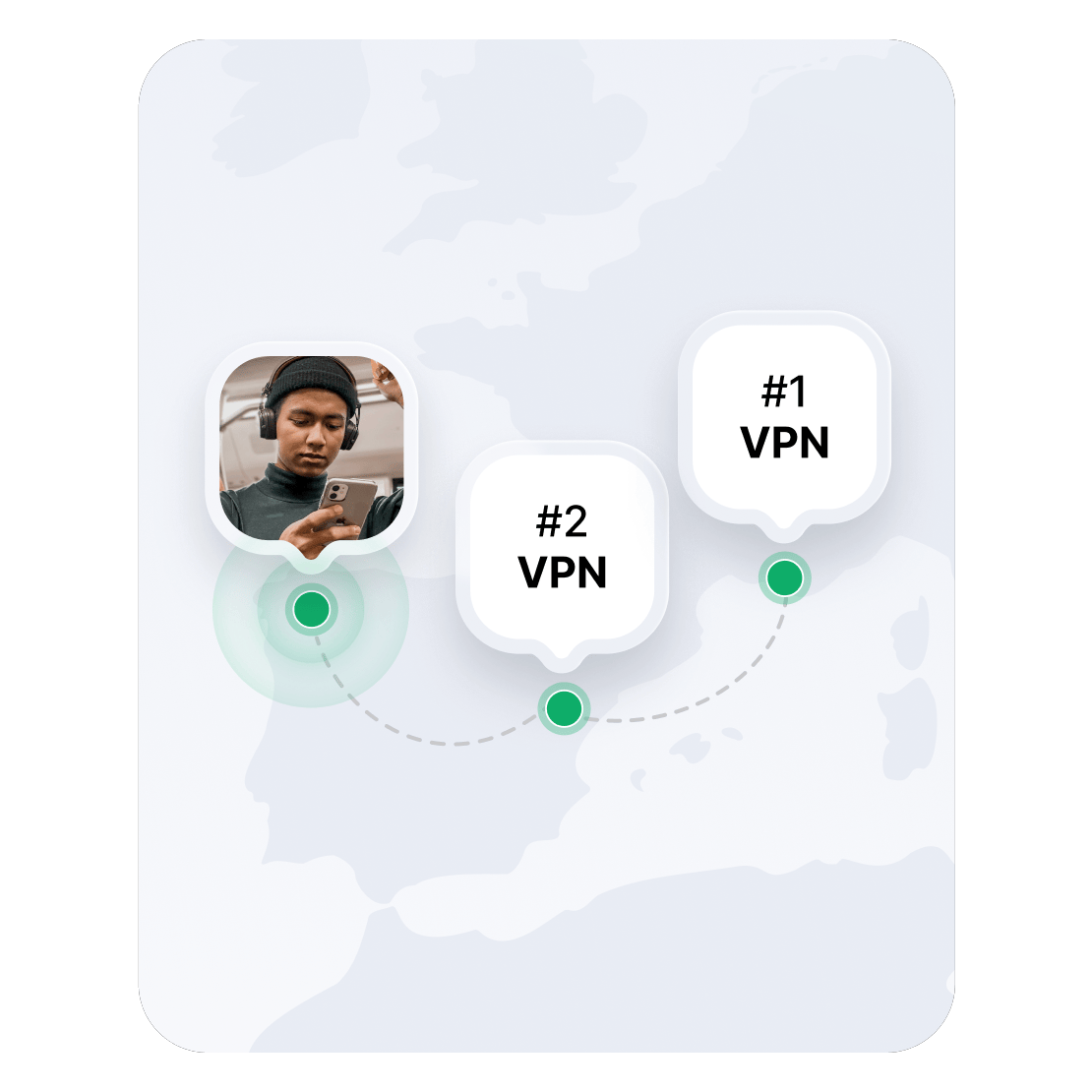 Um mapa da Europa que mostra duas localizações de servidores de VPN.