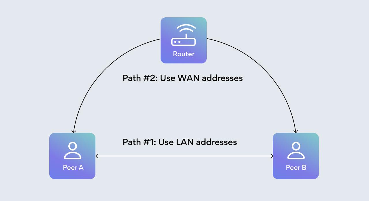 Two peers connecting either over LAN addresses or via the router's WAN addresses.