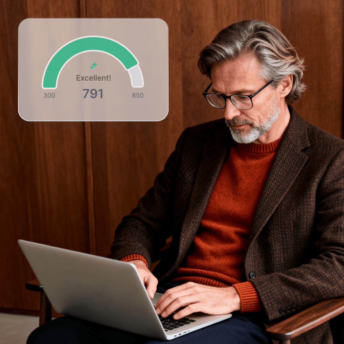 A man using a laptop, with a Coveron credit score tracker displayed in the corner, showing a score of 791, labeled Excellent.
