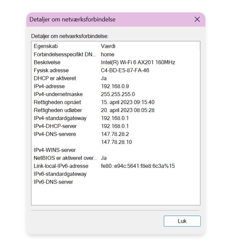 Her vil du finde din subnet mask og andre netværksoplysninger
