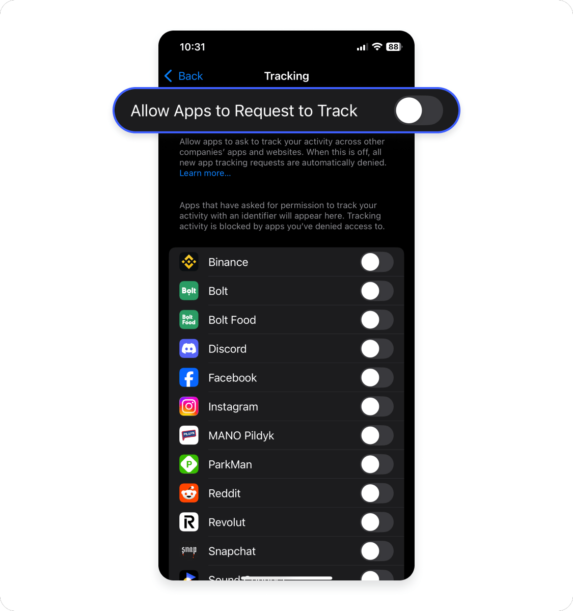 How to manage App Tracking Transparency settings on an iPhone: Step 4