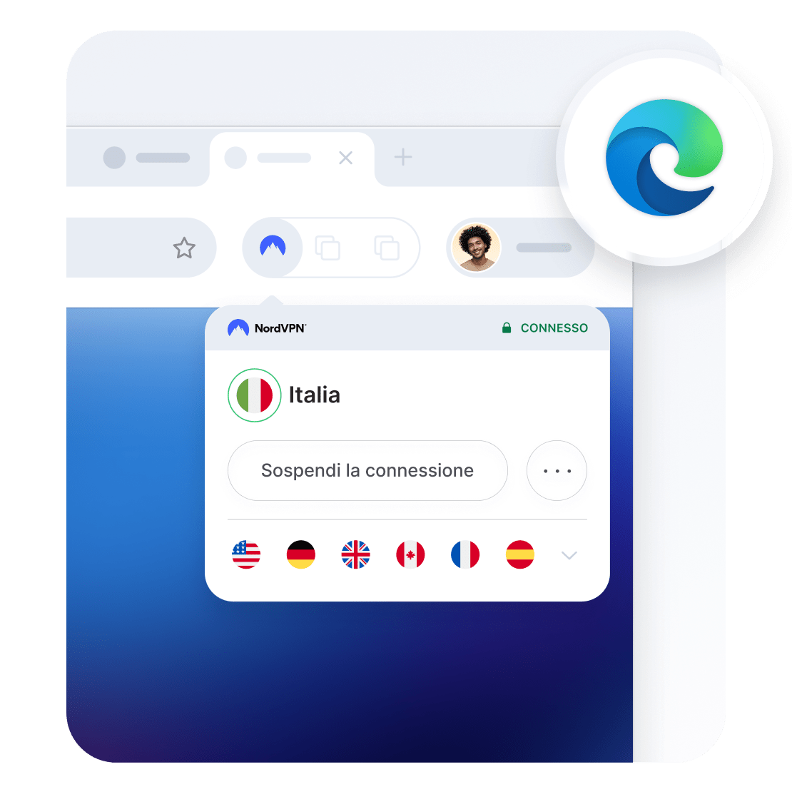 L&#39;interfaccia dell&#39;estensione proxy di NordVPN per Microsoft Edge.