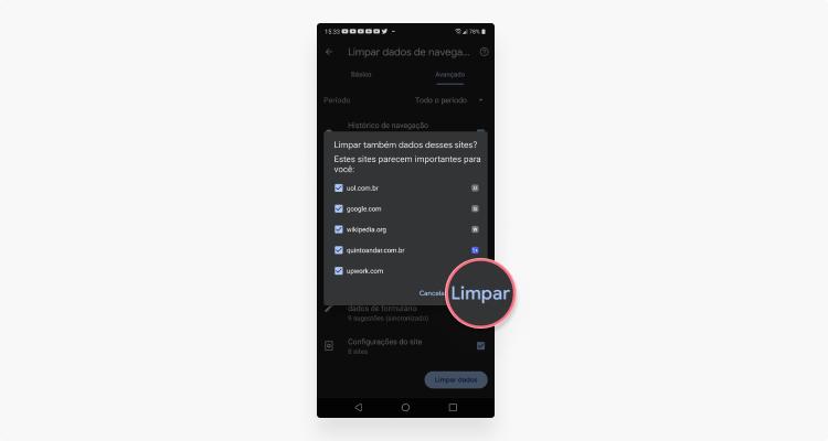 limpar cookies no Chrome do Android: passo nº6