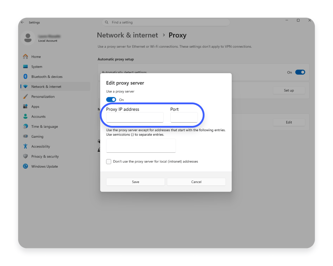 Setting up proxy server on Windows