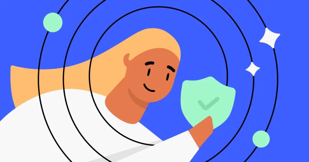 a person holding shield with checkmark on it