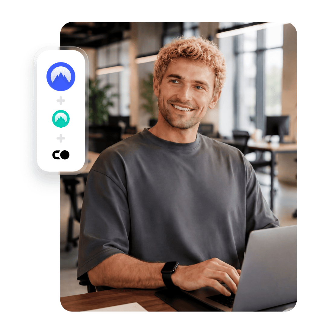 Ícones do pacote NordVPN mostrados ao lado de uma pessoa a utilizar um portátil.