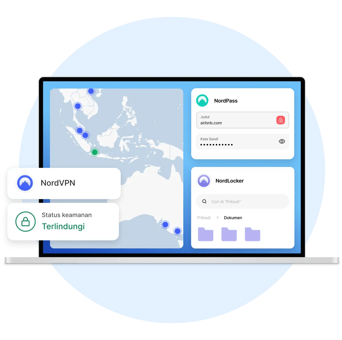 Layar laptop yang menunjukkan NordVPN, NordPass, dan NordLocker diinstal dan melindungi pengguna.