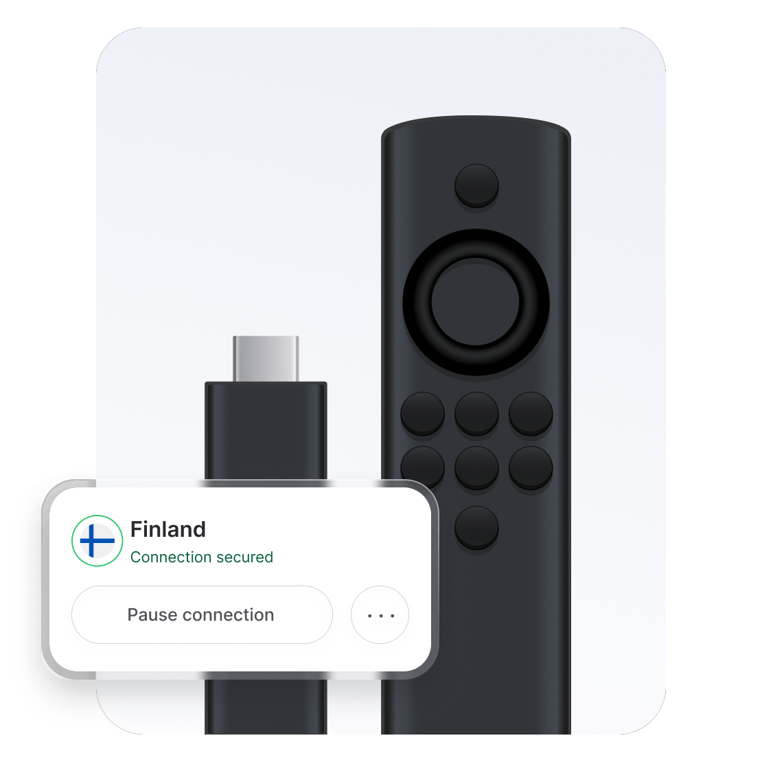 Amazon Fire TV Stick -laite, joka on yhdistetty NordVPN:n palvelimeen Suomessa.