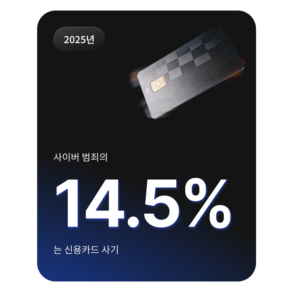 신용카드 사기가 전체 사이버 범죄 사례의 14.5%를 차지함을 보여주는 신용카드 그래픽