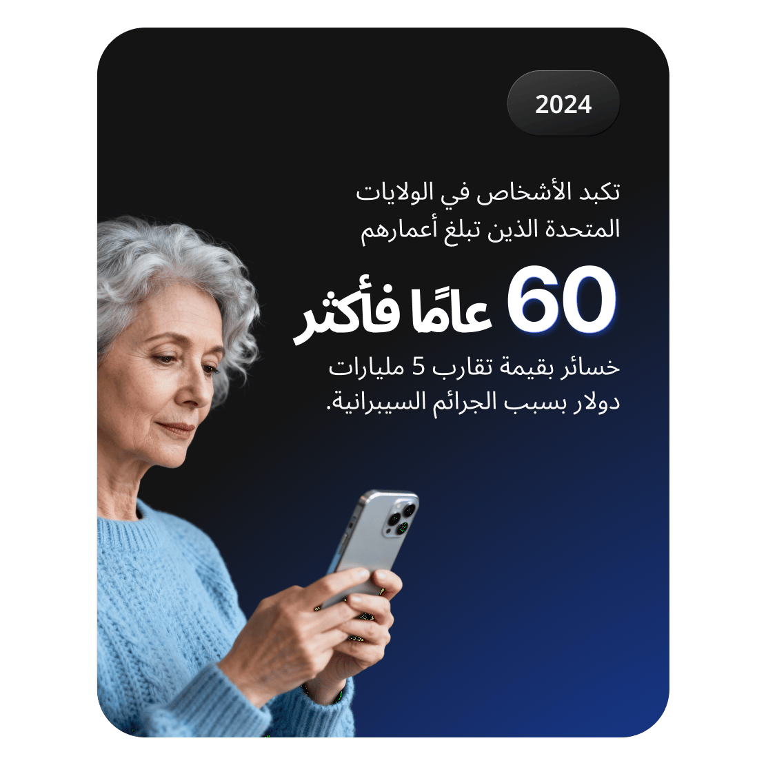 كبار السن يستخدمون الهواتف الذكية، وهو ما يمثل خسارة تقارب 5 مليارات دولار أمريكي بسبب الجرائم السيبرانية التي يتعرض لها الأمريكيون الذين تزيد أعمارهم عن 60 عامًا.