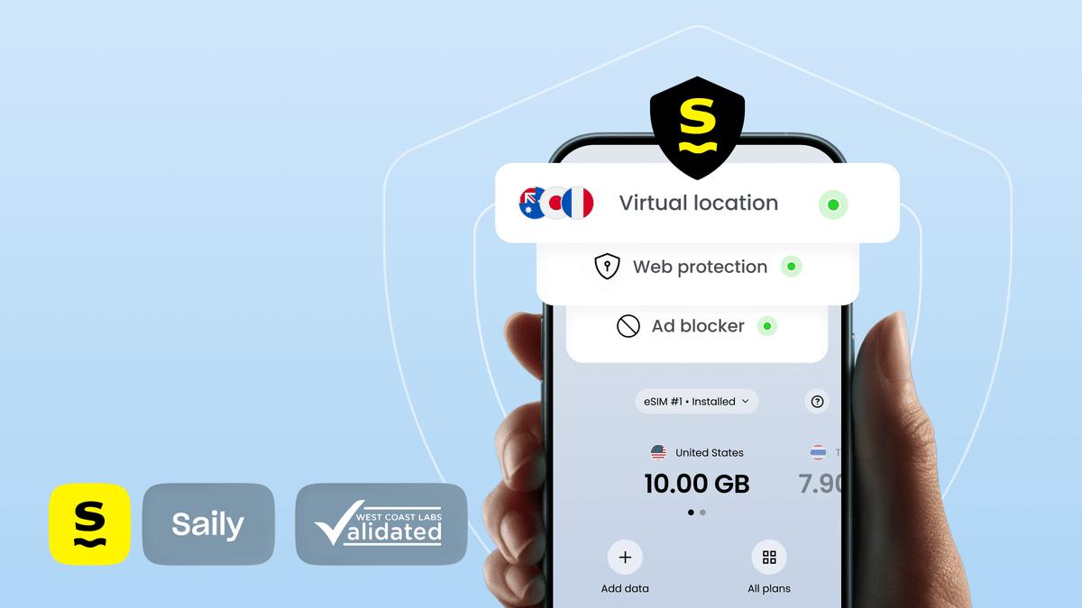 A West Coast Labs Validated seal beside the Saily app showing virtual location, web protection, and ad blocker.