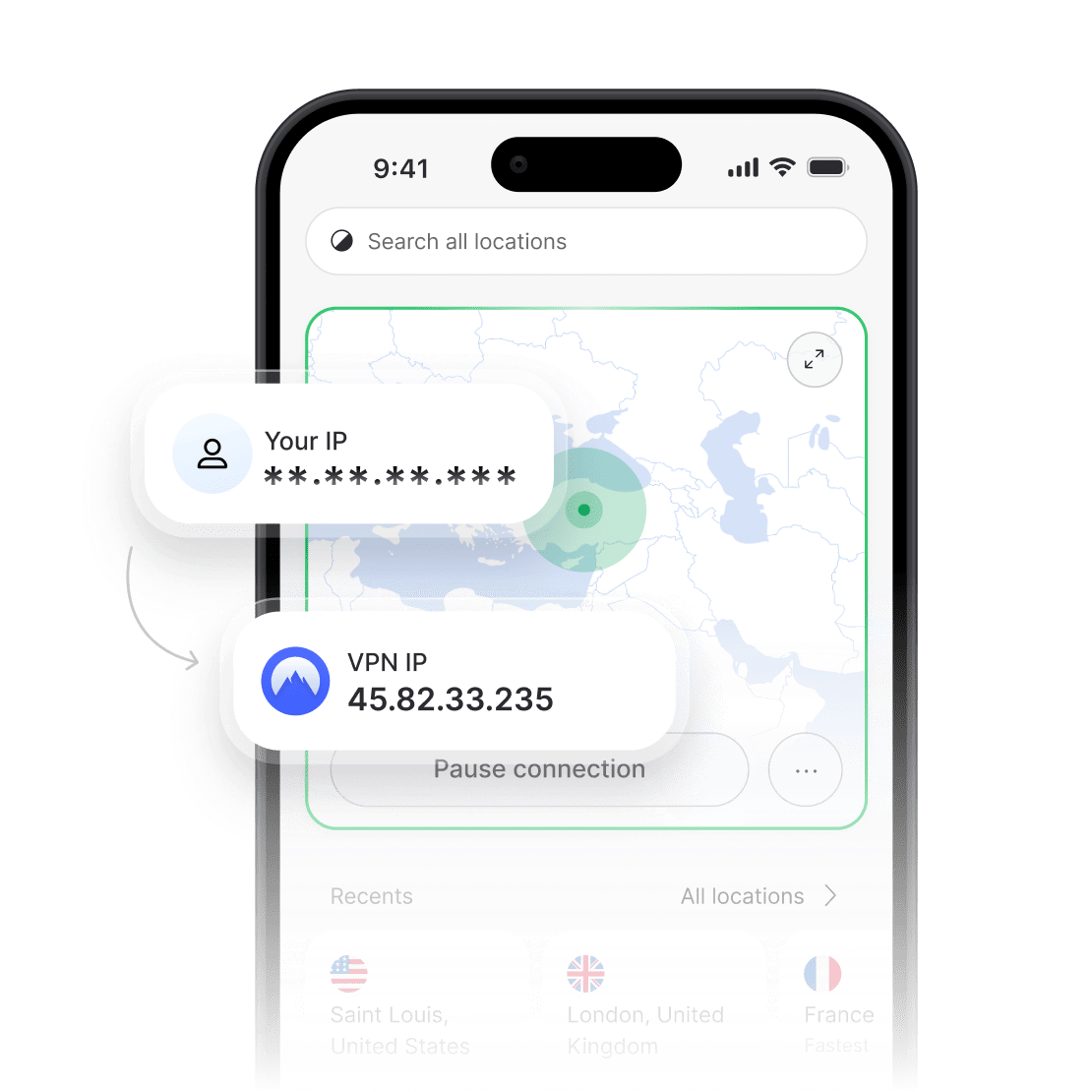 Gizlenmiş gerçek IP adresini ve yeni VPN IP adresini gösteren NordVPN uygulaması.
