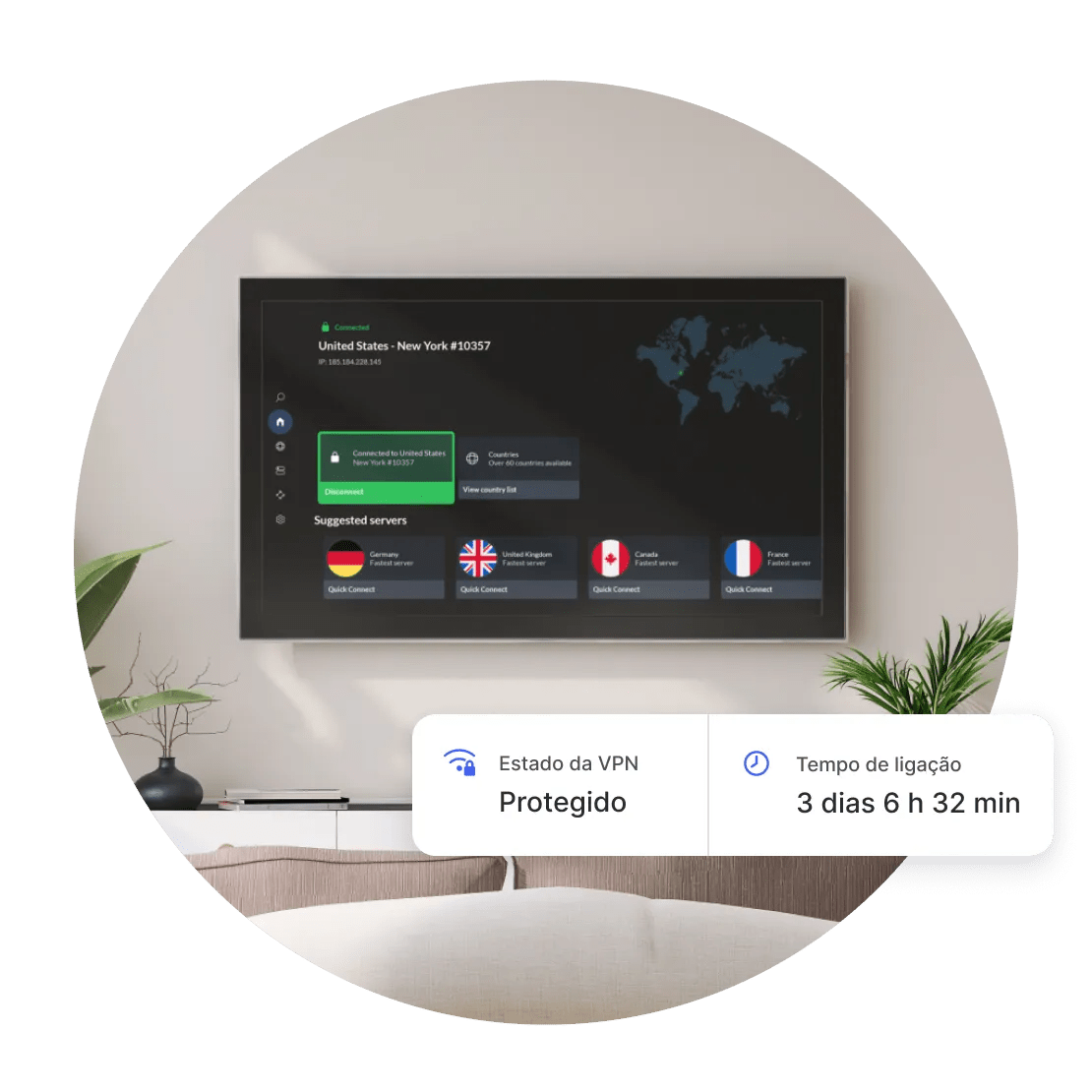 Uma TV ligada a um servidor NordVPN, protegida contra ameaças durante 3 dias, 6 horas e 32 minutos.