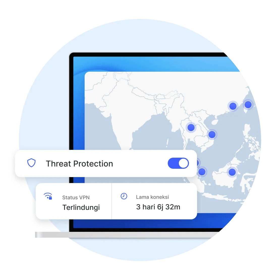 Aplikasi NordVPN di laptop dengan Threat Protection Pro diaktifkan.