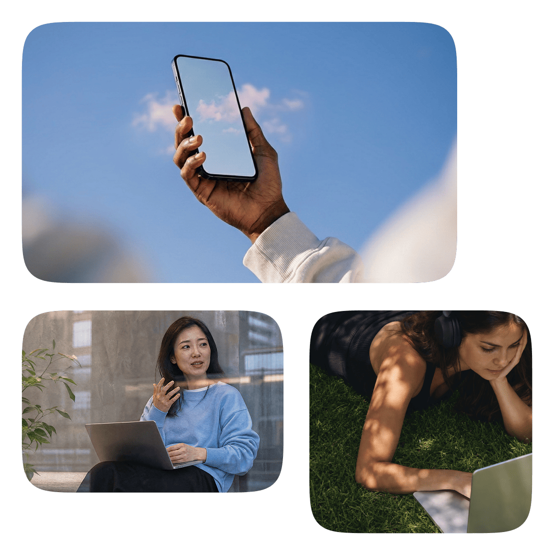 Three photos showing a phone held up to a blue sky, a woman working on a laptop indoors, and a woman on grass using a laptop with headphones.