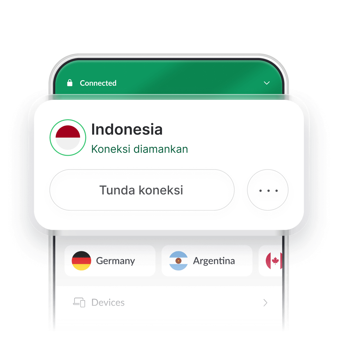 Tangkapan layar antarmuka aplikasi NordVPN dengan pilihan server Indonesia.