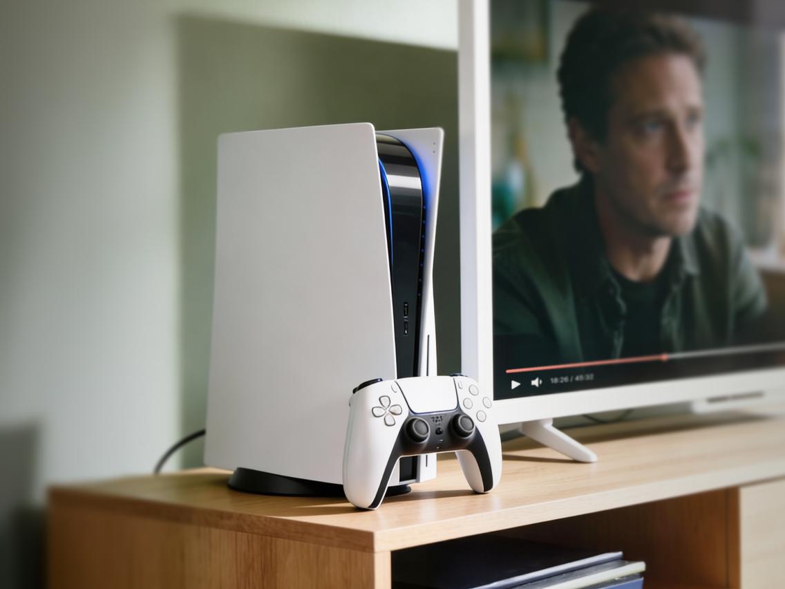 一部連接至電視作為媒體中心的 PS5 主機。