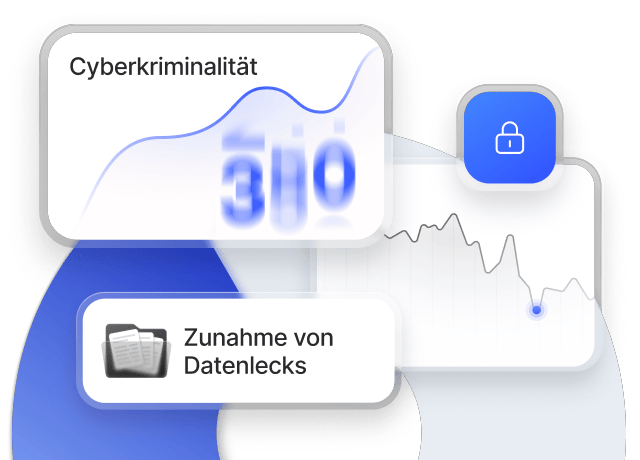 Cyberkriminalitäts-Dashboard, das eine steigende Zahl von Datenlecks und Sicherheitstrends zeigt, neben einem Schlosssymbol, das für Sicherheit steht.