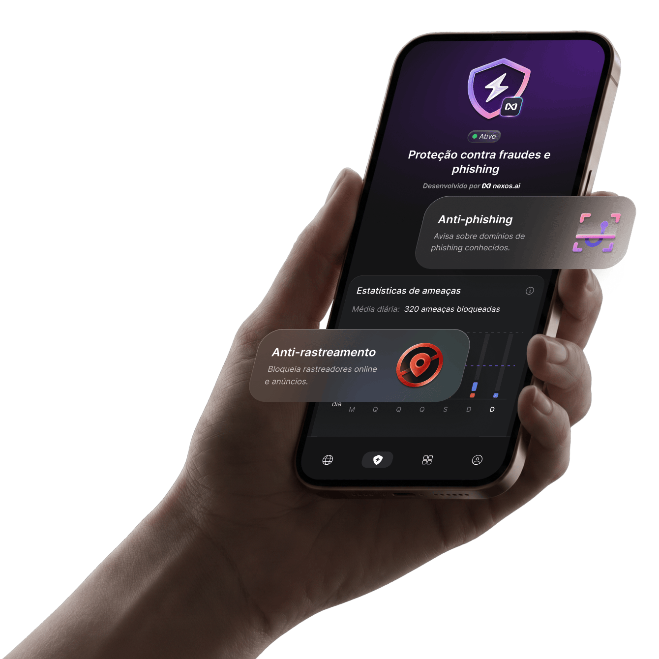 Interface de um appp VPN mostrando recursos de proteção contra golpes e um módulo antirrastreamento ativo.