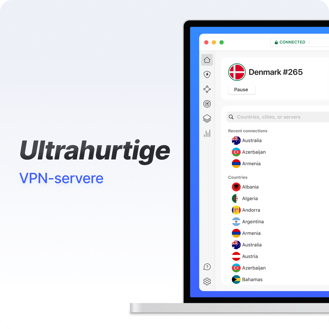 NordVPN-appens brugerflade på en bærbar computer, der viser en superhurtig VPN-forbindelse.