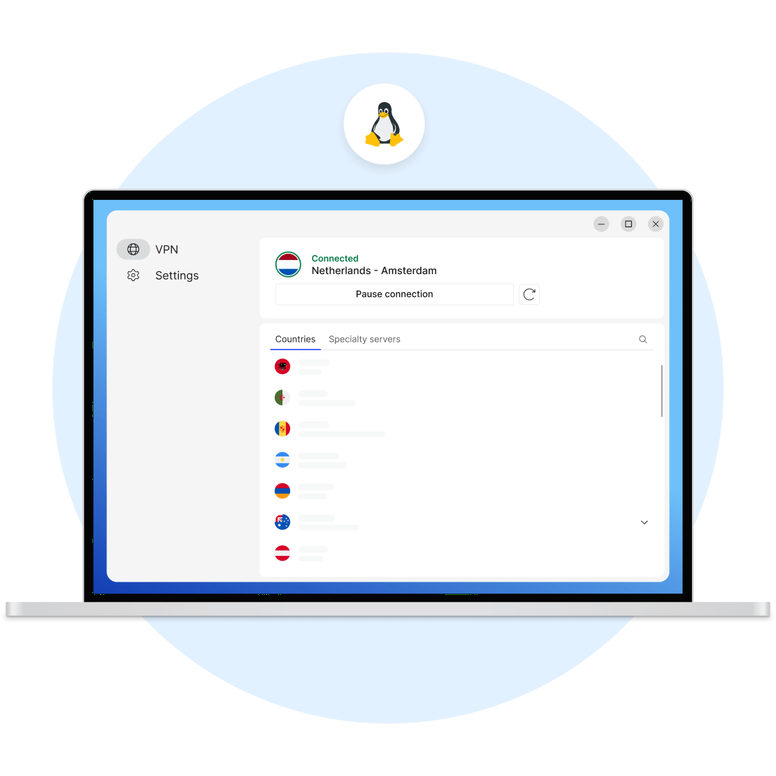 Een laptopscherm dat de NordVPN-landenservers laat zien – een alternatief voor een gratis VPN voor Linux.