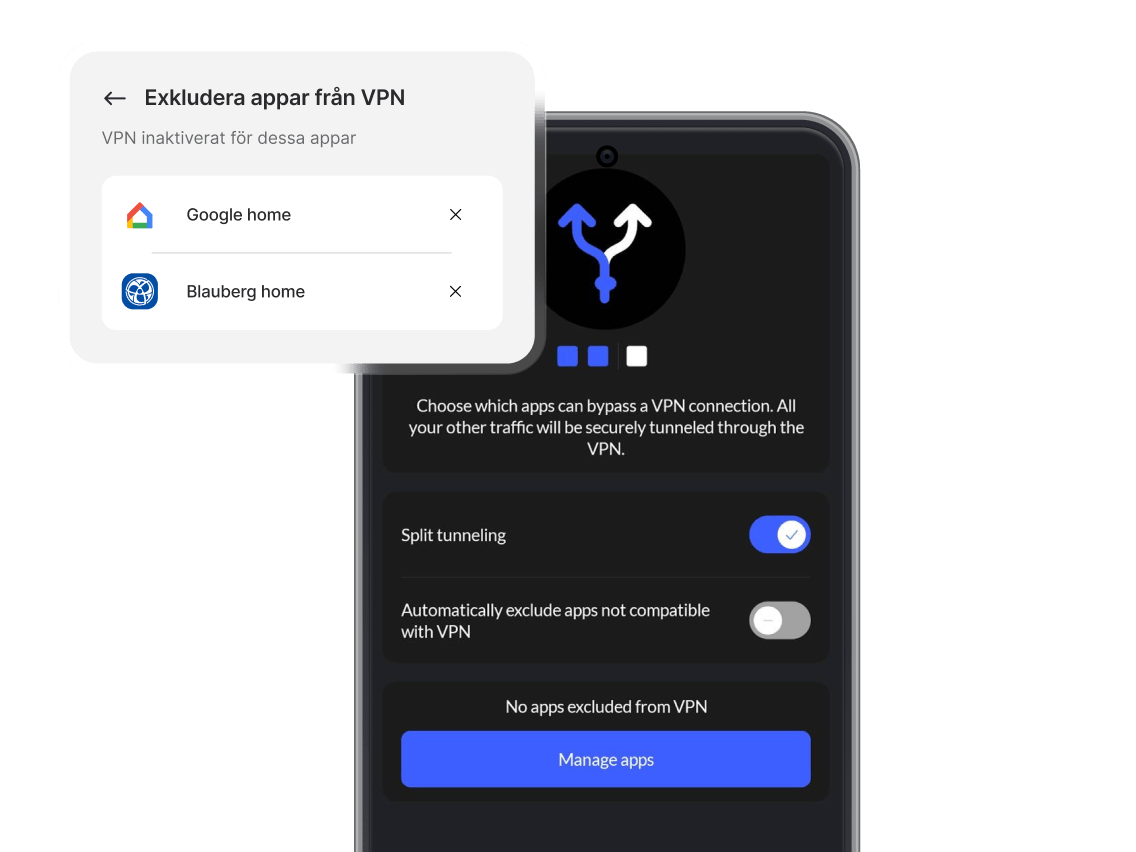 En smartphone med NordVPN-appen på och split tunneling aktiverad.