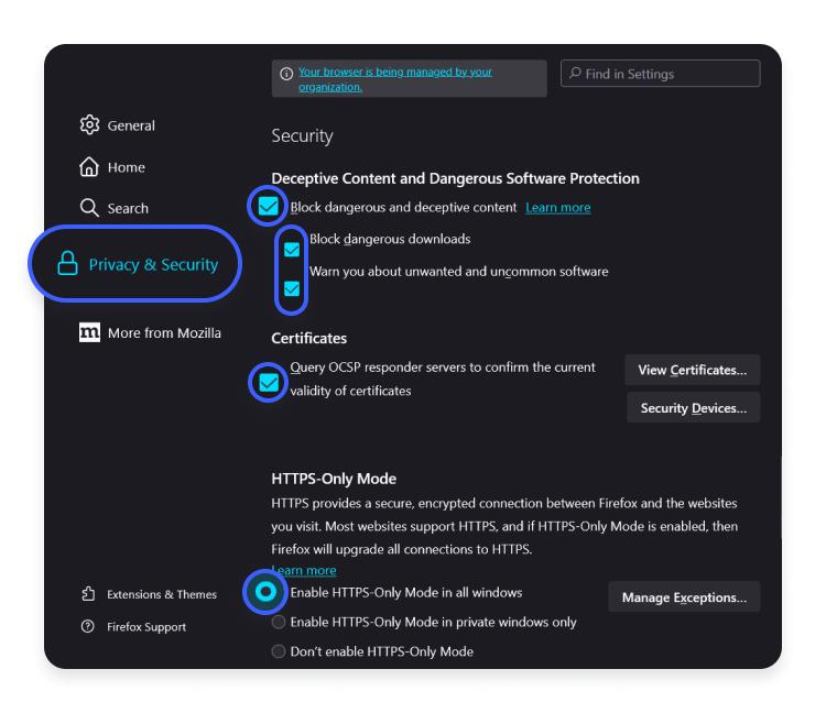 enabling firefox security settings