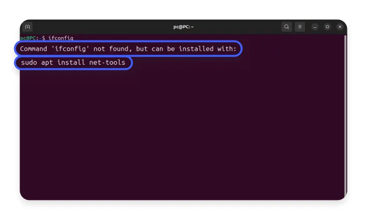 Terminal showing the command “sudo apt install net-tools” being run in Linux.